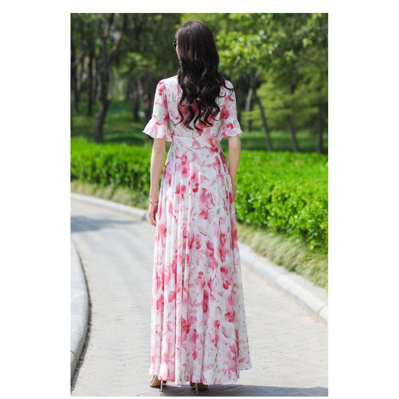 Damen Blumenmuster Maxi V-Ausschnitt Rüschen Kurze Ärmel Hohe Taille Chiffon Freizeit Sommerkleid