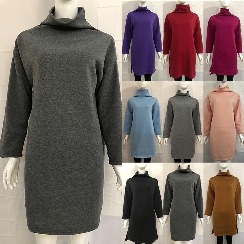 Womens Winter Long Pullover Sweatshirts Featuring Cozy High Neck Design And Split Hem