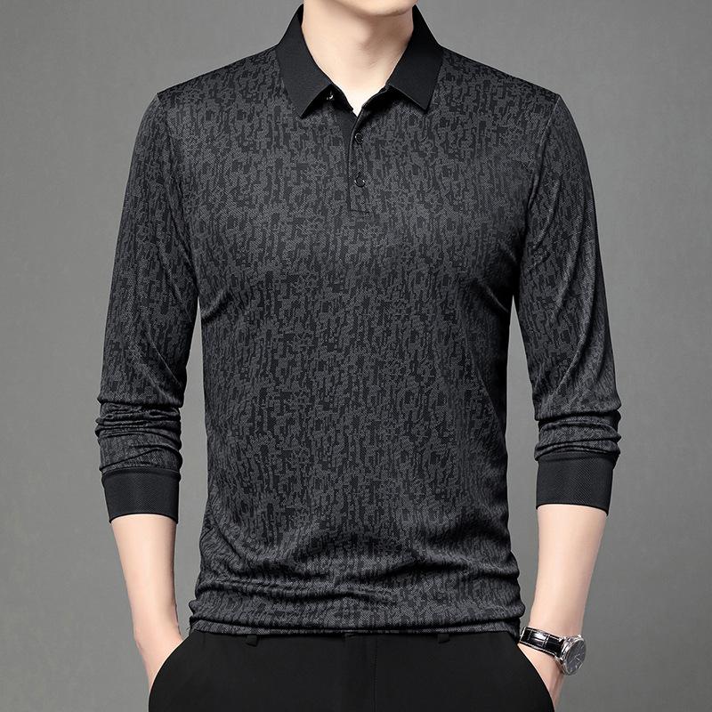 Mens Long Sleeve Jacquard Polo Shirt Business Casual Spring Autumn Top