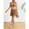 Womens Hand Crocheted Two Piece Bikini Set Shell Patchwork Tie Fringe Skirt Stylish Elegant Beachwear For Summer Vacation