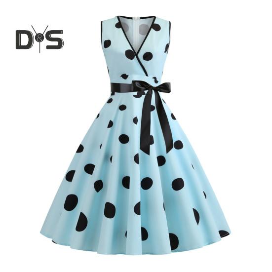 Sukienka wieczorowa dla kobiet w stylu vintage, kontrastowe kropki, nadruk w kropki, kokarda w talii, linia A, duży rozkloszowany, wąska talia, bez rękawów, odkryte plecy, dekolt w serek, sukienka midi w stylu księżniczki