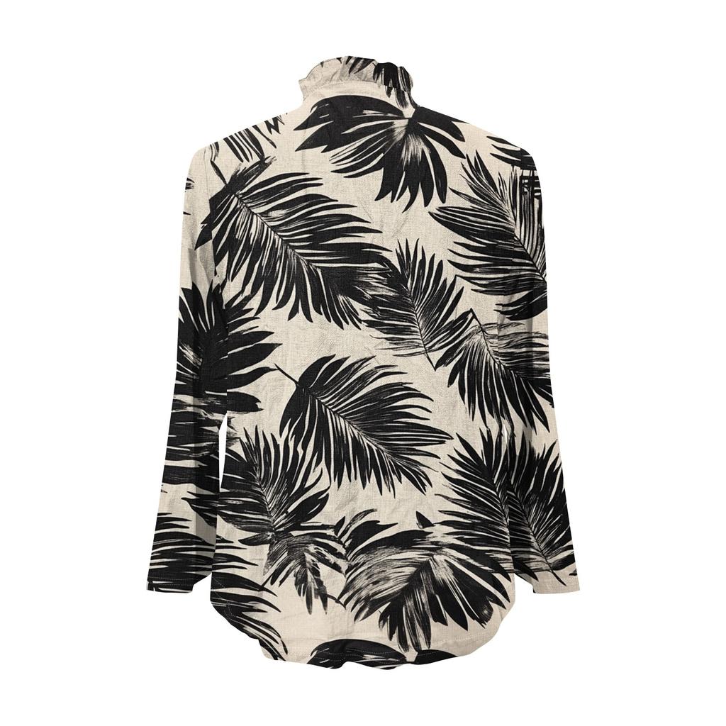 Women's Loose Ruffled Retro Floral Print Stand Collar Long Sleeve Cotton And Linen Top
