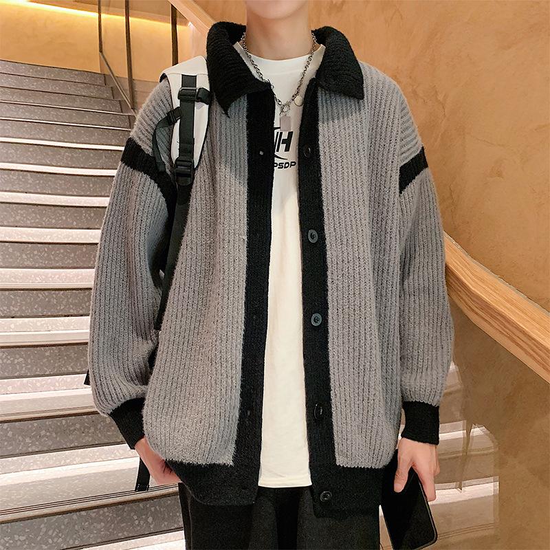 

Куртка контрастного цвета для мужчин, весна-осень, ретро-дизайн, свободный вязаный кардиган, спортивная куртка на молнии с воротником-стойкой M серый