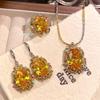 Retro French Court Style Pisces Lotus Pendant & Earrings Set with Yellow Diamond & Color Gem Ring for Women