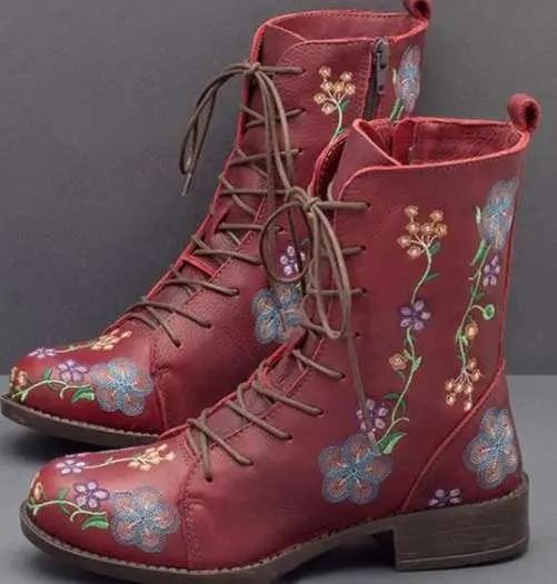 Fashion Woman Ankle Boots Embroidery Big Size 43 Flower Boots 2025 Women Autumn Winter Lace Up PU Leather Female Footwear Ladies Shoes