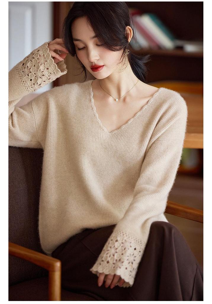 Early Autumn V-Neck Crochet Lace Wool Sweater – 100% Wool, Loose Fit, Long Sleeve for Women