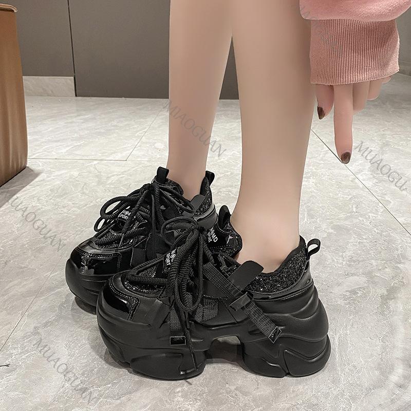 Fashion Women Platform Sneakers Spring Autumn 8cm Chunky High Heels Bling Red Ladies Wedges Casual Dad Shoes Leather Sports Sneakers
