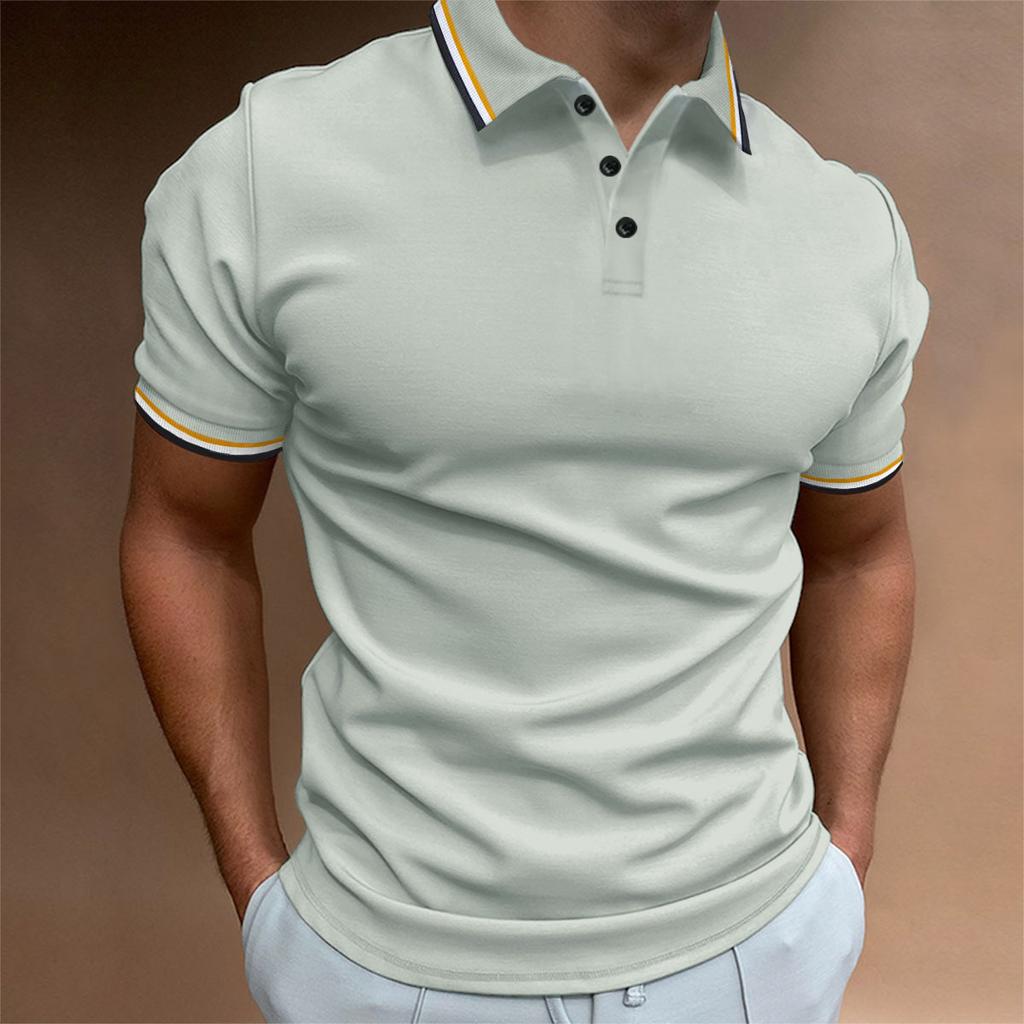 New Men's Slim POLO Shirt Ribbed Striped Lapel Buttons Solid Colour Splicing T-shirt Tops