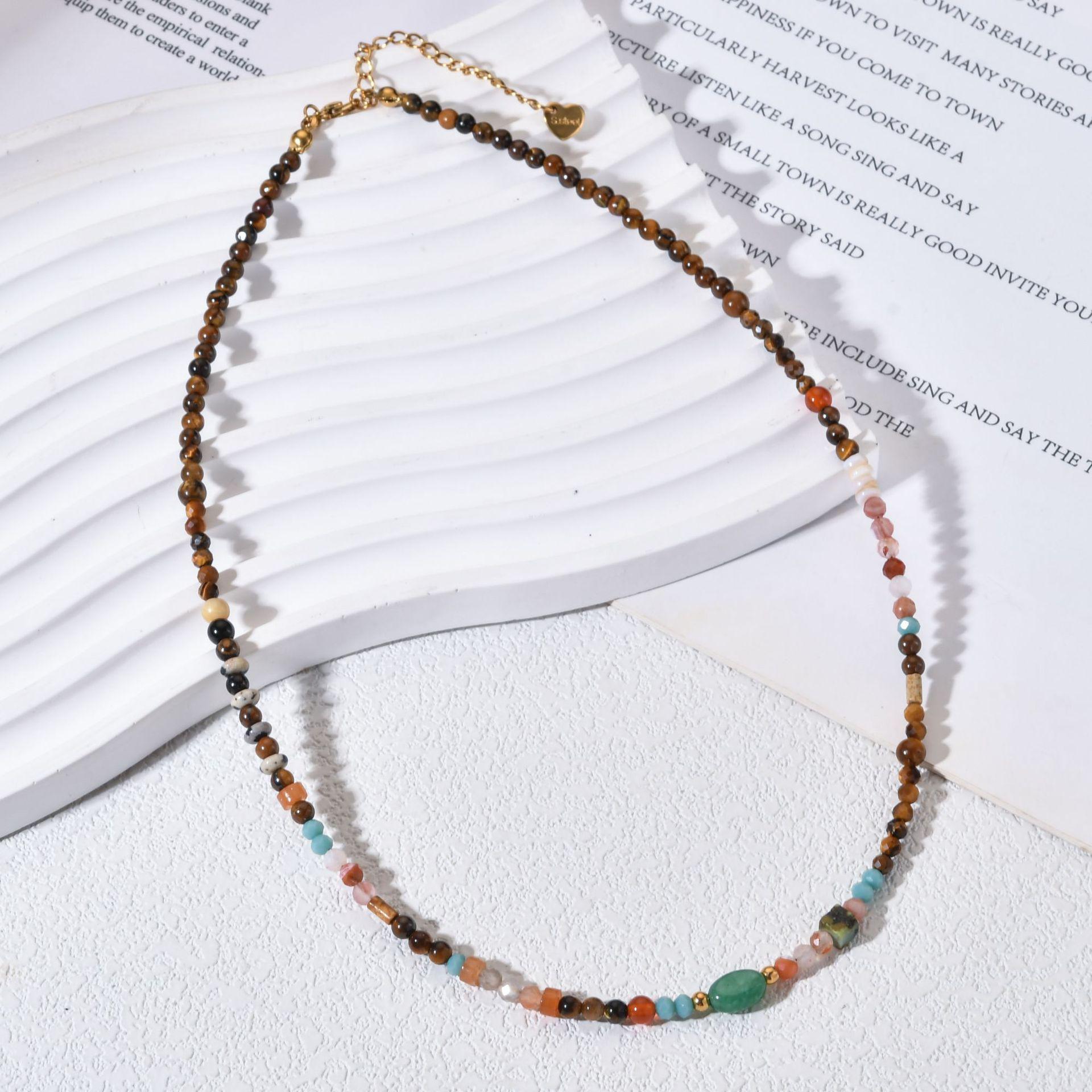 Retro Sun Pendant Beaded Necklace for Women with Stainless Steel & Tiger Eye