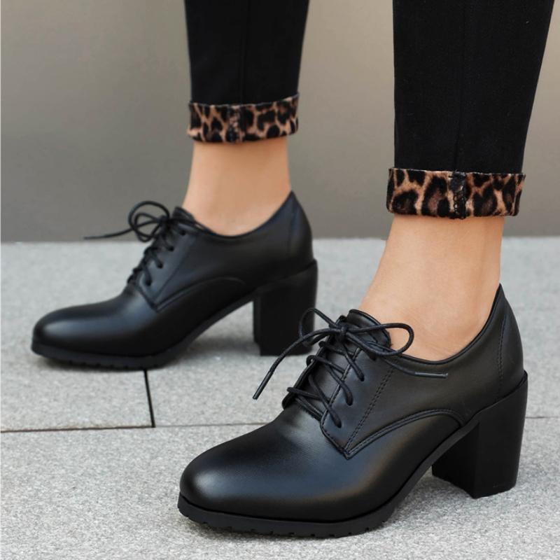 Fashion Casual High Heels Pumps Loafers Shoes Brown Black Women's Heeled Lace-up Casual Party Office Oxfords Shoes Large Size 45