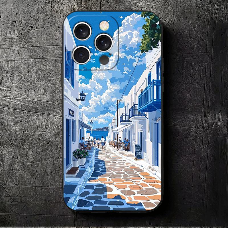 Santorini Greece Summer Soft Phone Case for iPhone 16 16E 17 Air 15 Pro Max 14 Plus 13 Mini 11 12 7 Black Cover Back Shell