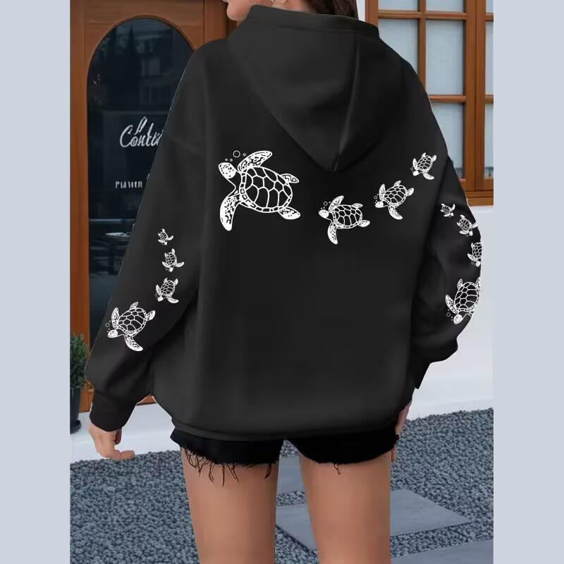 Ladies Spring Autumn Casual Hooded Long Sleeve Big Pocket Sea Turtle Printed Pullover Hoodies Sweatshirt Top