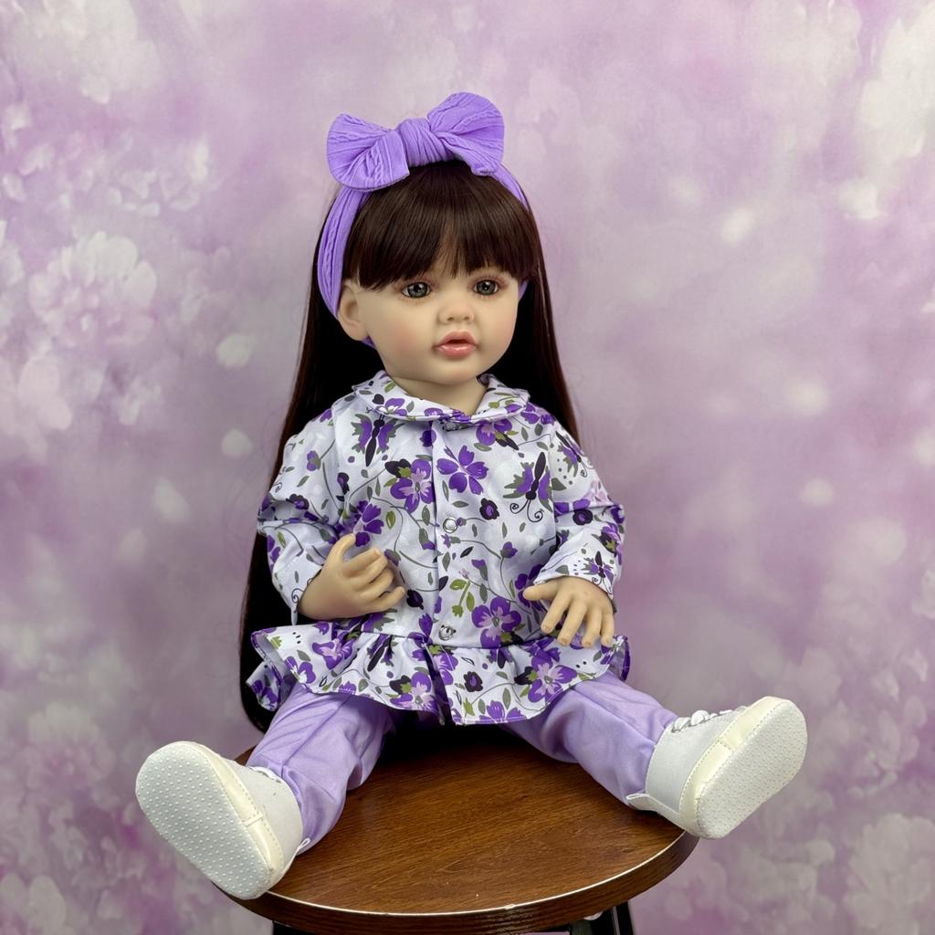 BZDOLL 55 CM 22inch Full Vinyl Body Reborn Baby Doll For Girl Dress Up Black Long Hair Princess Toddler Dolls Lifelike Handmade Birthday Gift Bath Toy