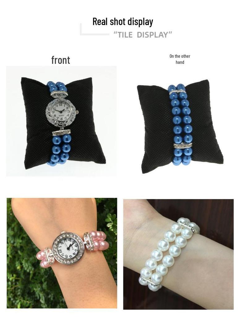 Women's Double-Row Imitation Pearl Beaded Bracelet Watch with Diamond-Set Quartz