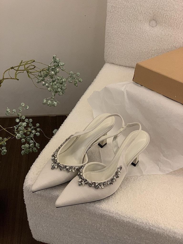 Niche Pointed High Heels Black Rhinestone Bag Head Sandals Fairy Shoes Temperament Single Shoes