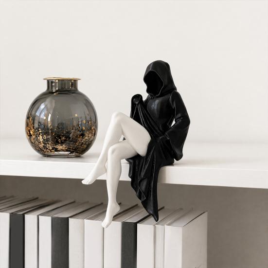 Dark Gothic Queen Sitting Statue, 3D Printed Faceless Lady Figurine in Black Robe for Desktop Shelf Decor, High-Contrast Black And White