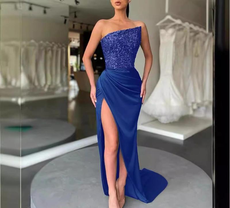 YYFS Dámská móda léto jaro koktejlové a večerní šaty s vysokým pasem a šikmým límcem