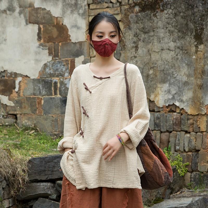 

Johnature Women Vintage Shirts Tops V-Neck Long Sleeve Solid Color Blouses Spring Chinese Style Shirts One Size бежевый