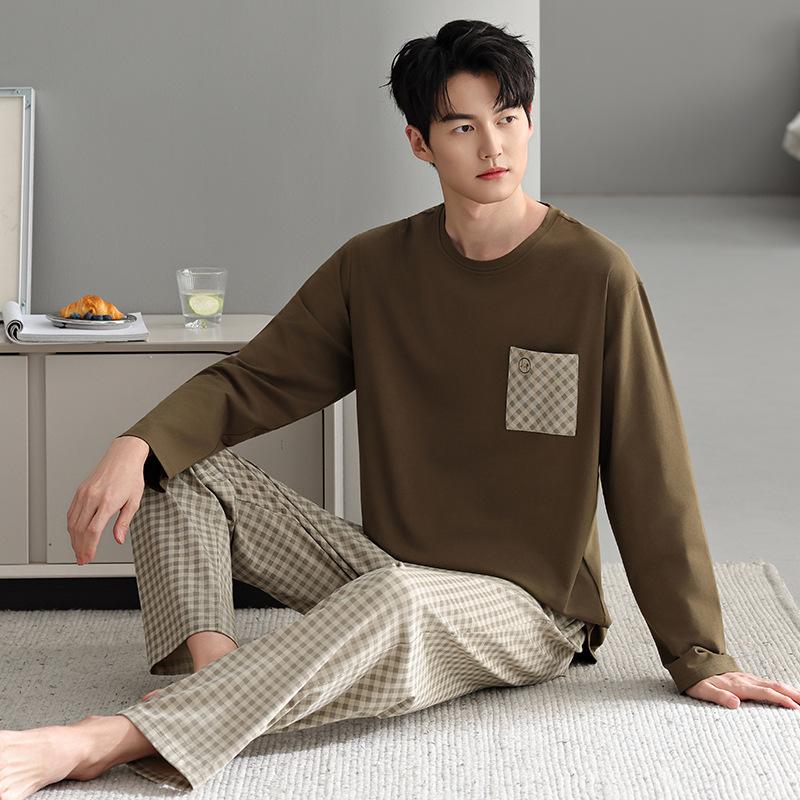 Pajamas Men's Spring and Autumn Cotton Long Sleeve Teen Men's Autumn Thin Casual Can Wear Autumn and Winter Loungewear