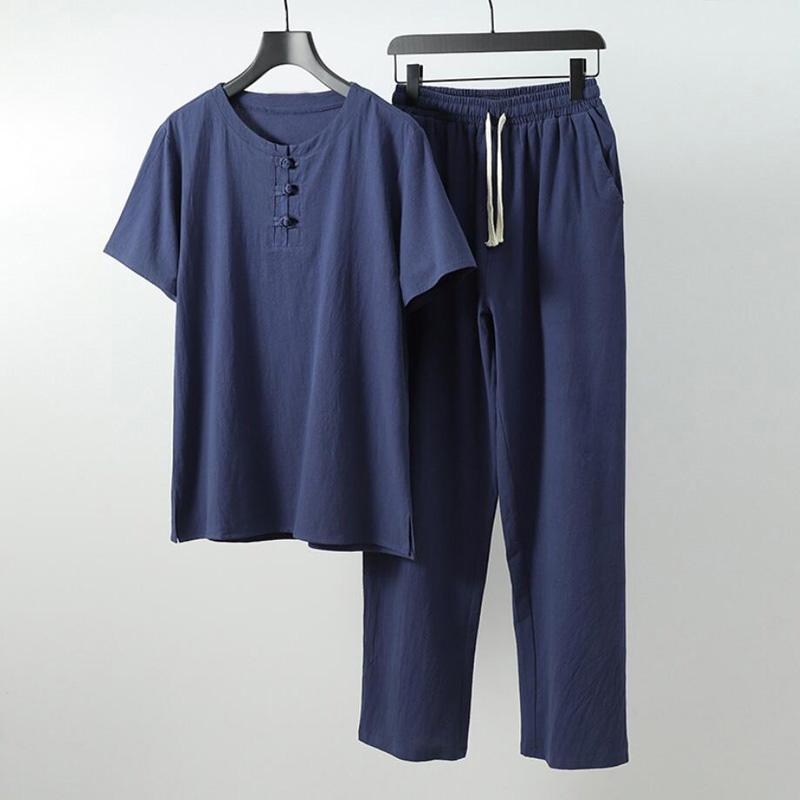 Summer Men Shirt S-9XL Plus Size Cotton Linen Suit Large Size Shirt with Pants Men 5 Colors