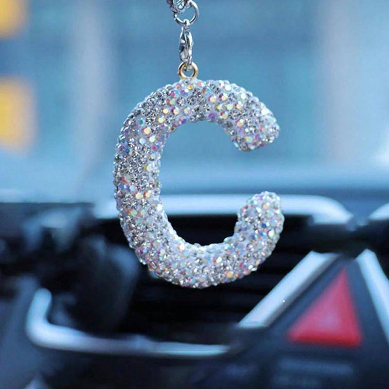 1pc Rhinestone A-Z Letter Car Rearview Mirror Pendant, Car Interior Decor