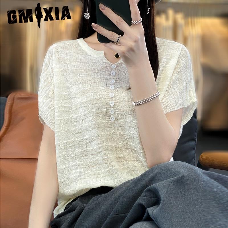 GMXIA Linen Ice Silk Top, Solid Color Knitted Sweater, Summer Slimming, Large Size, Round Neck, Thin Sheer Mesh