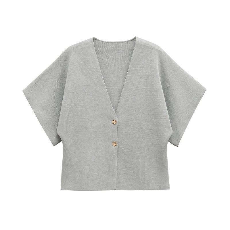 Womens Minimalist Knit Cardigan V-neck 5 Sleeve Button Detail Street Style Solid Color Top