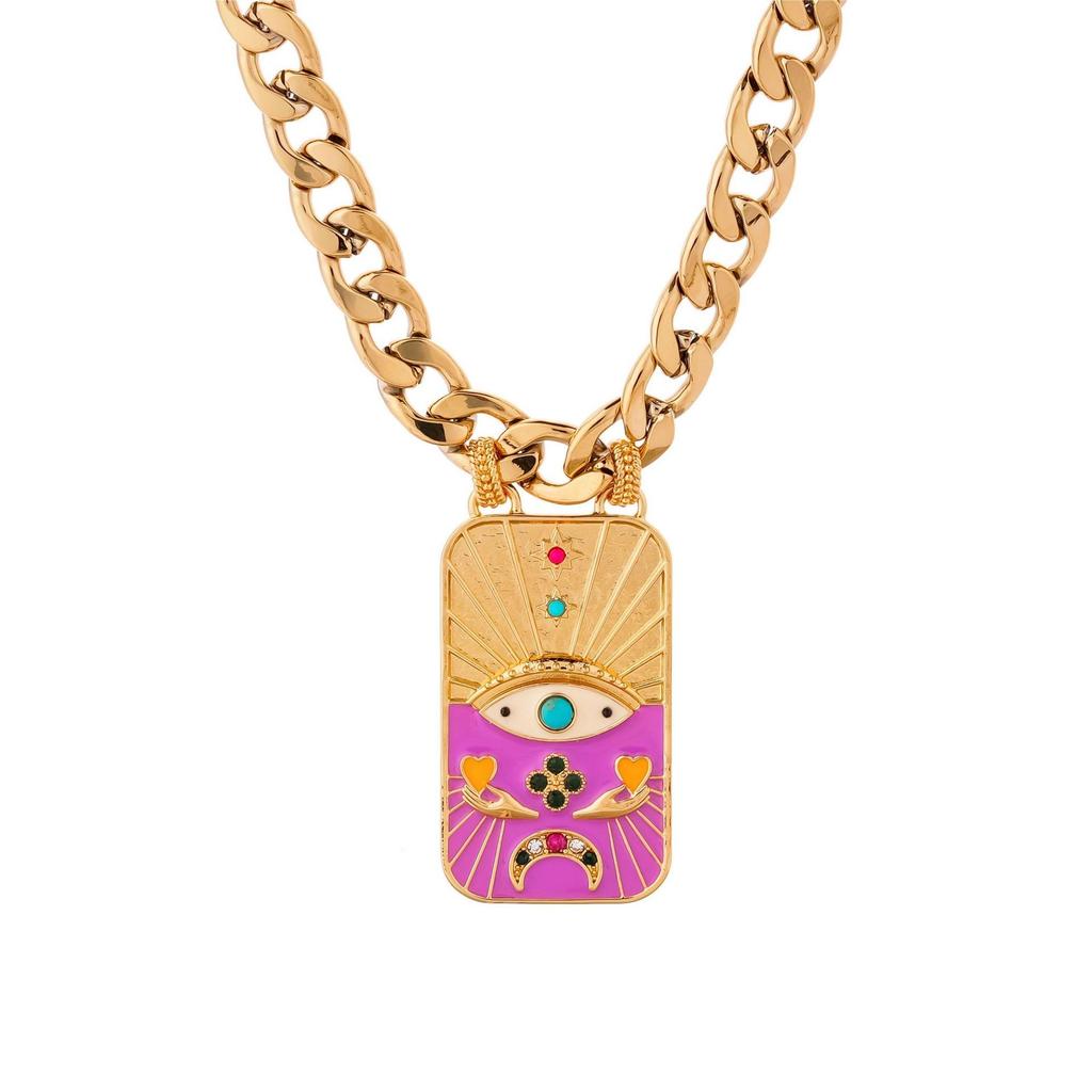 Gold-Plated Copper Tarot Necklace and Bracelet Set with Colored Enamel Demon Eye Design
