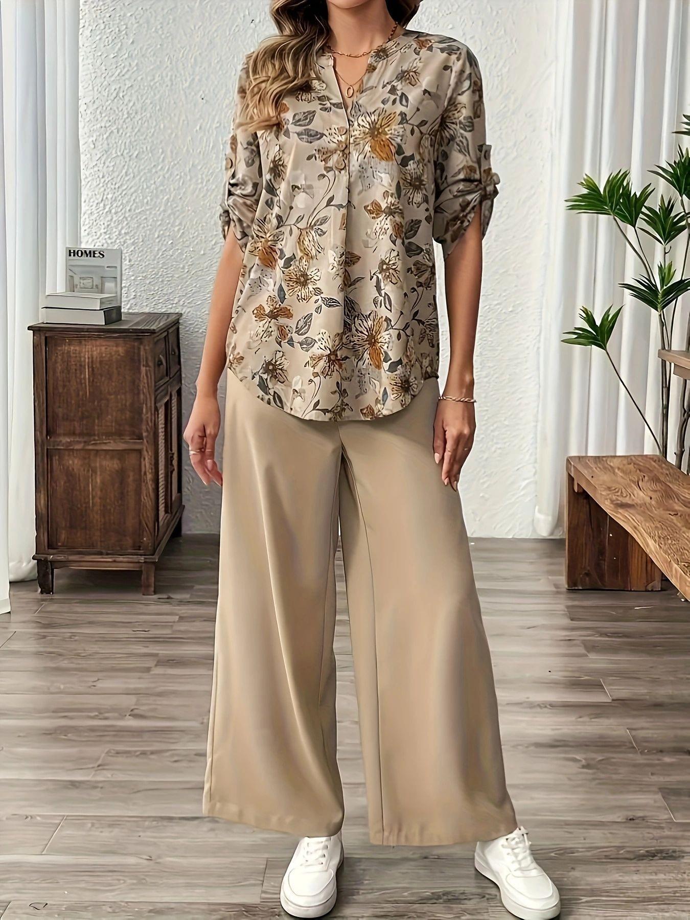 

2025 Retro Floral Women s Two-Piece Set: Floral Shirt + Khaki Wide-Leg Pants, Anti-Wrinkle Fabric Medium абрикосовий