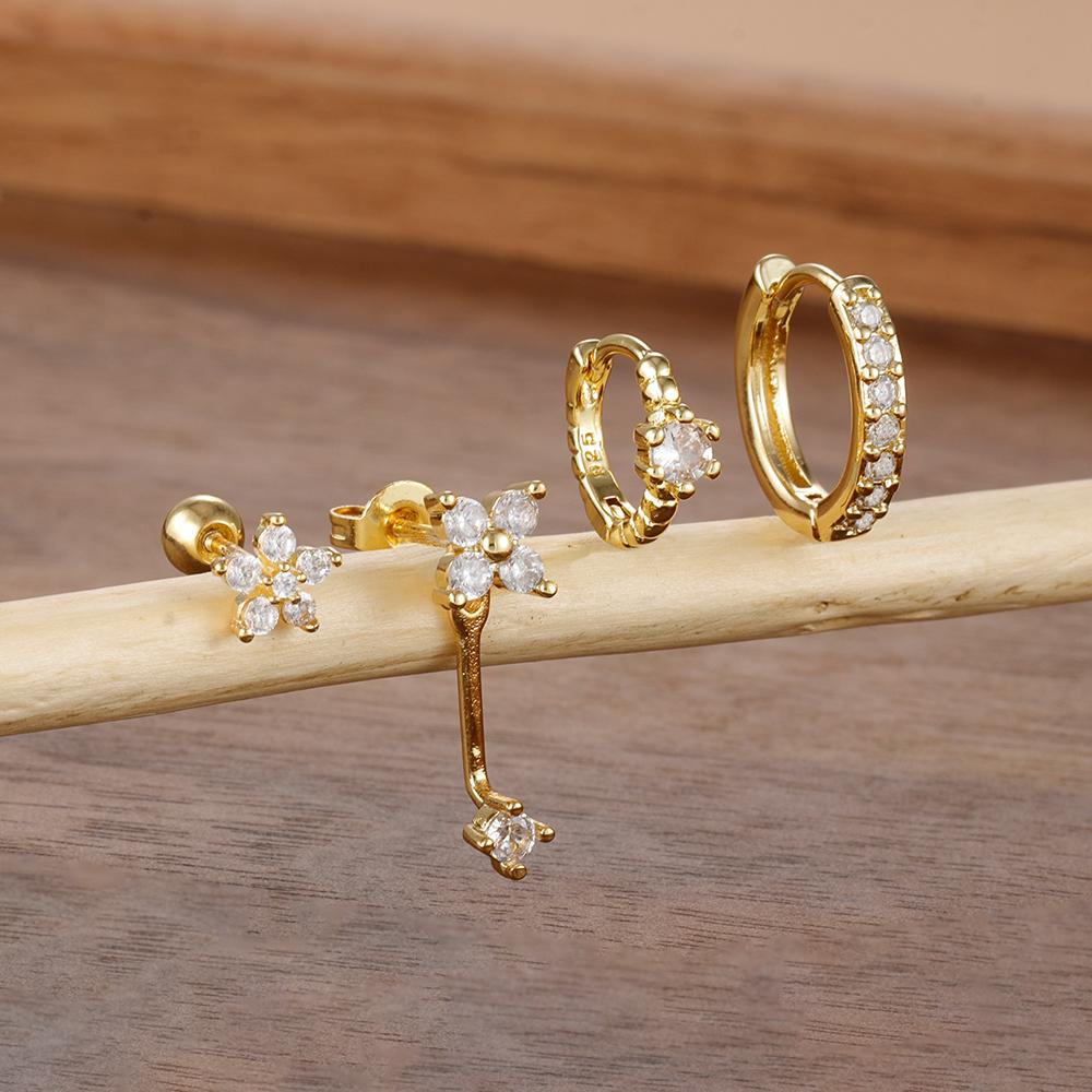4PCS Fashion Stainless Steel Zircon Round Hoop Earring Set for Women Temperament Flower Ear Stud Huggie Earring Piercing Jewelry
