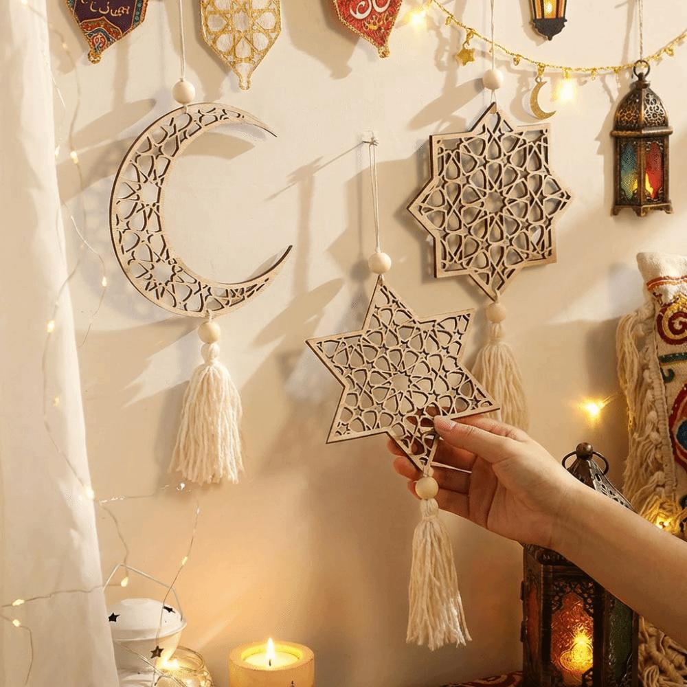 with Tassels Moon Star Hollow Mesh Wall Decor Wooden Handicraft Pendant  Ramadan Celebration