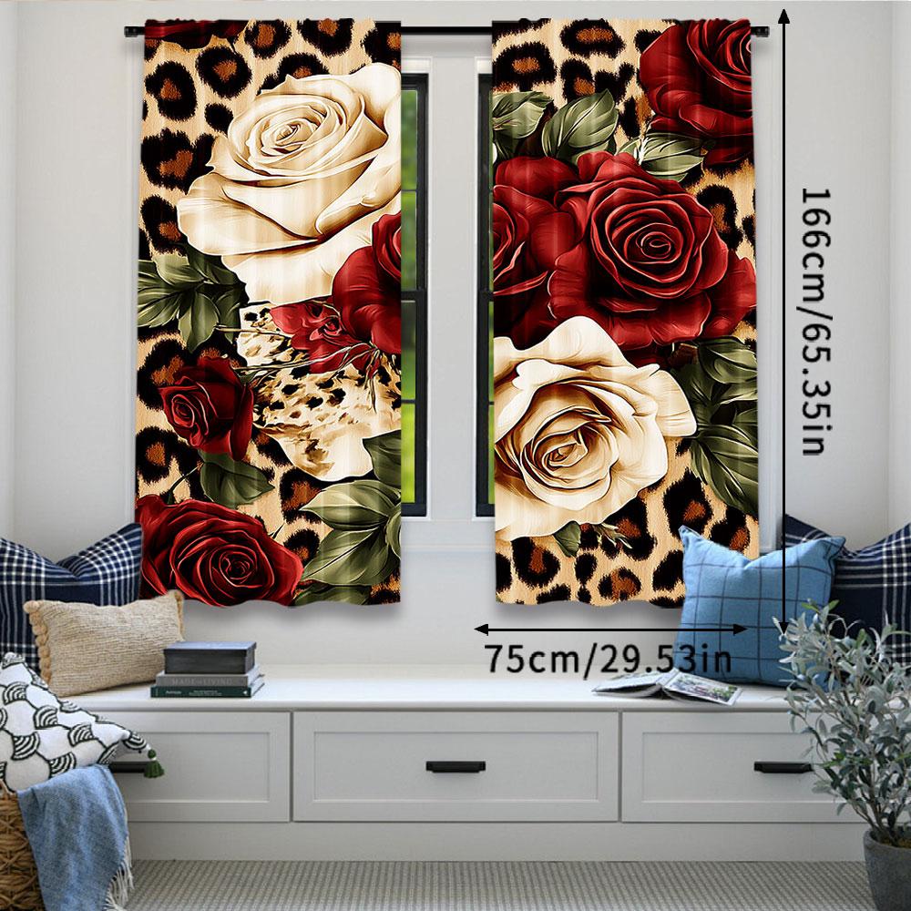 Set Of 2 Leopard Curtain Red White Rose Floral Women Lover Romantic Botanical Bedroom Living Room Dining Curtains Made Polyester Great Window