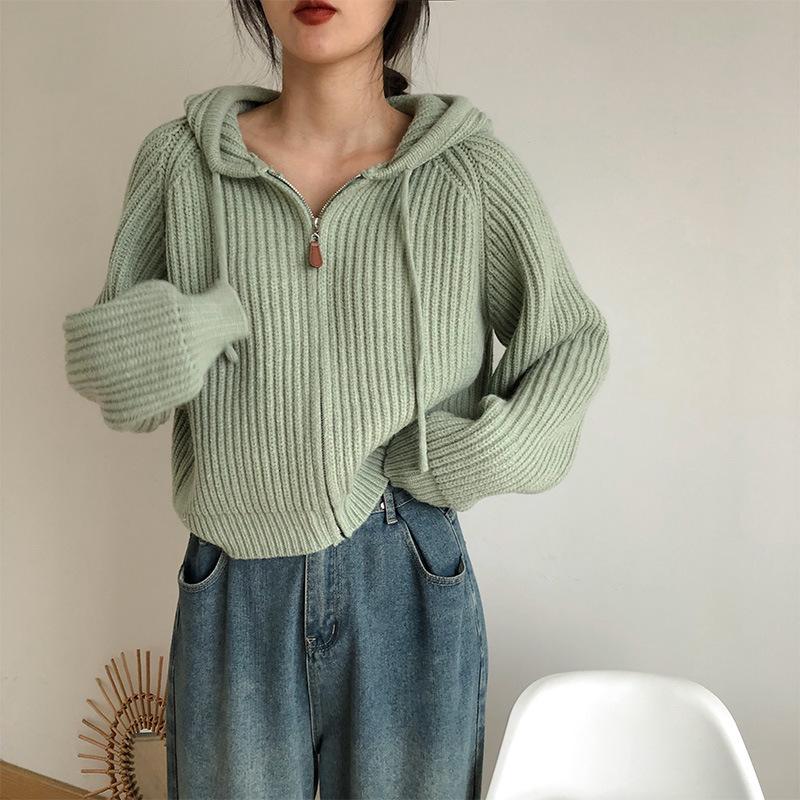 Women's Sweet Candy Color Hooded Knit Cardigan - Soft, Glutinous, Short, Loose, Thickened with Zipper