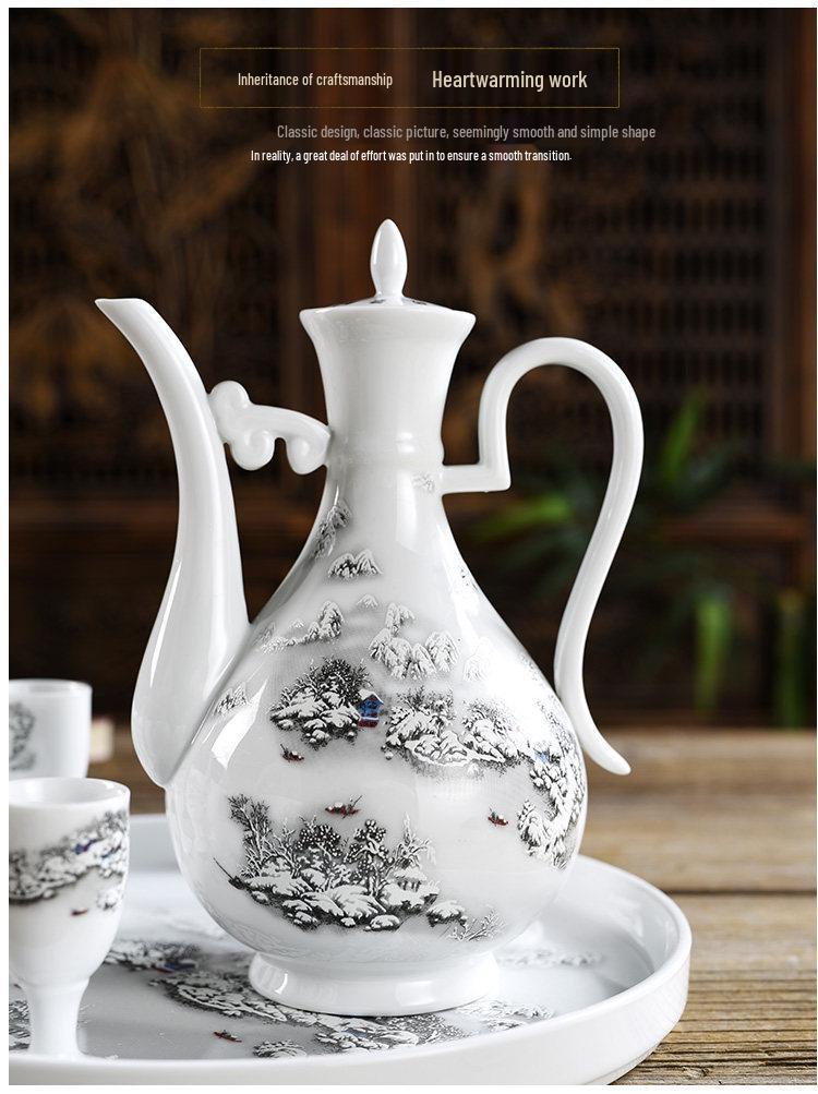 Antique Style Ceramic Wine Set: Decanter & Small Baijiu Cups