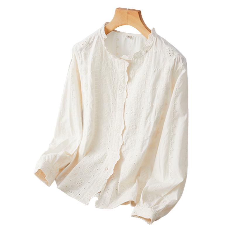 Aprikosenfarbenes, langärmliges, besticktes Damenhemd aus reiner Baumwolle – Neues Design für Frühjahr 2025