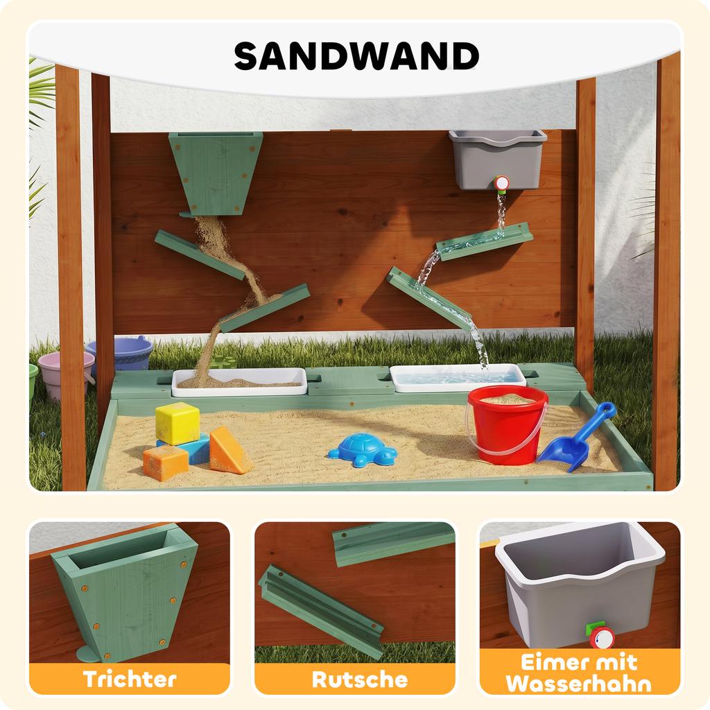 Wood Sandpit with Canopy, Storage Bins, Funnel, Liner, Chutes, Bucket with Tap, 116 X 112.5 X 128 Cm, Green