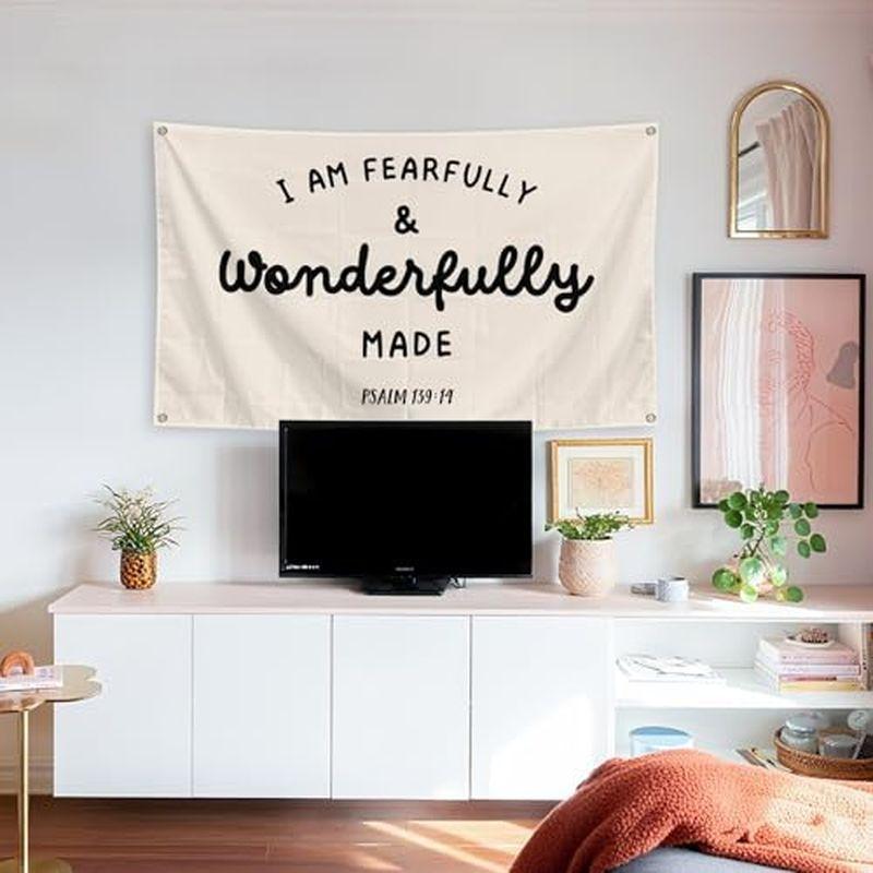 Fearfully Wonderfully Made Psalm Quote Wall Tapestry Beige Black Text Bible Verse Christian Religious Scripture Bedroom