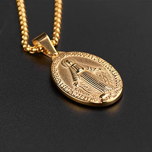 Deelfel Women's Gold Necklace with Venetian Chain, 45cm, Miraculous Medal, Virgin Mary Necklace, Oval, Amulet, Medal Pendant, Stainless Steel, Hypoall