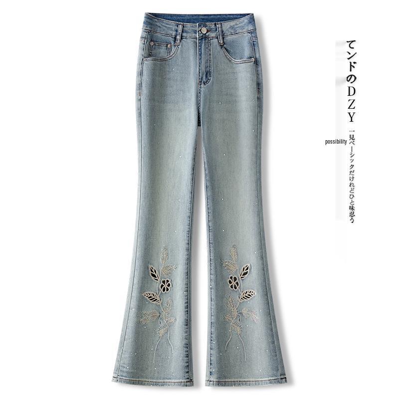 

Женские джинсы микро-клеш с вышивкой стразами Весна/Лето 2025 - Ретро, с вырезами, прямого кроя. 31/3XL for 135-145 jin синий