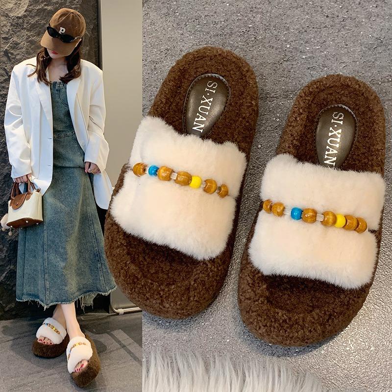 Thick bottom beautiful fashion plush slippers women's autumn and winter wear high-end new models