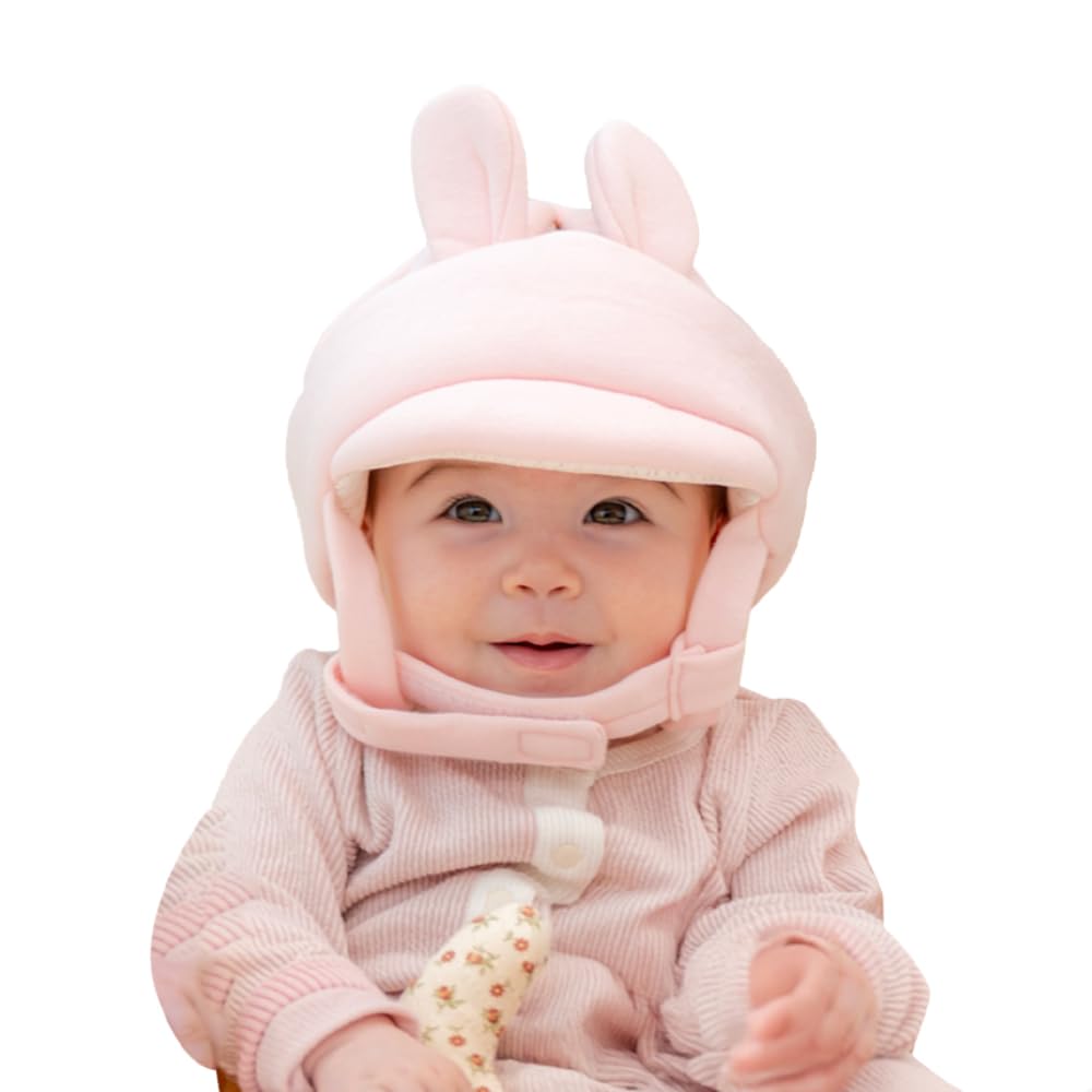 Organic Baby Head Protection Helmet GOTS Certified Bunny Adjustable Ultralight Head Guard for Crawling Pink - Cotton, Print, & Walking,
