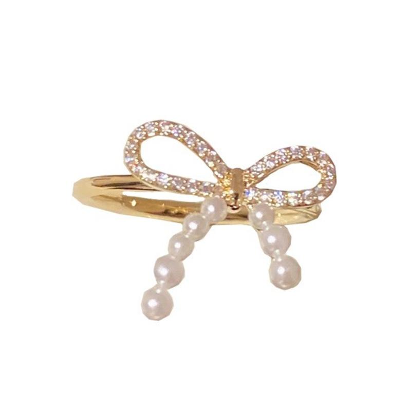 Feiner Blitz Zirkon Schleife Perle Öffnungsring Damen Leichter Luxus Elegant Sanft Persönlichkeit Mode Vielseitiger Ring Ring