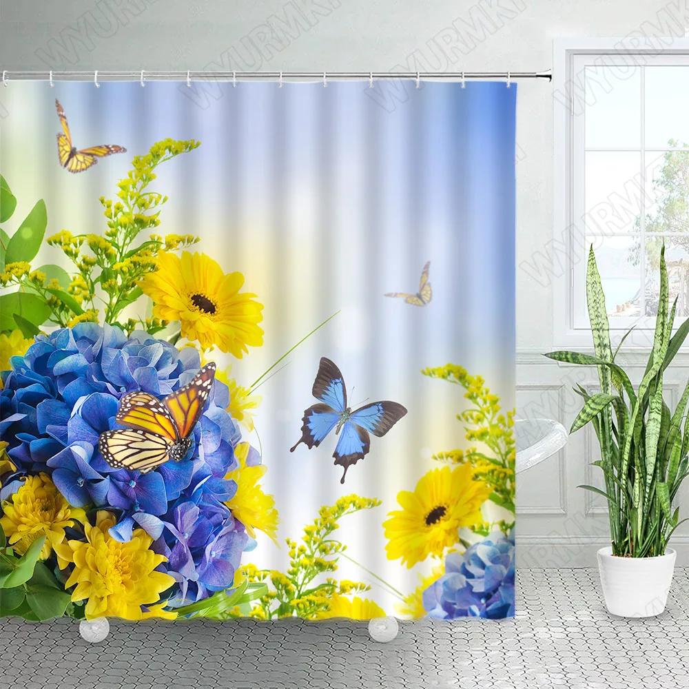 Rustic Flowers Shower Curtains Red Pink Rose Butterfly Sunflower Spring Nature Floral Bath Curtain Set Bathroom Decor with Hooks