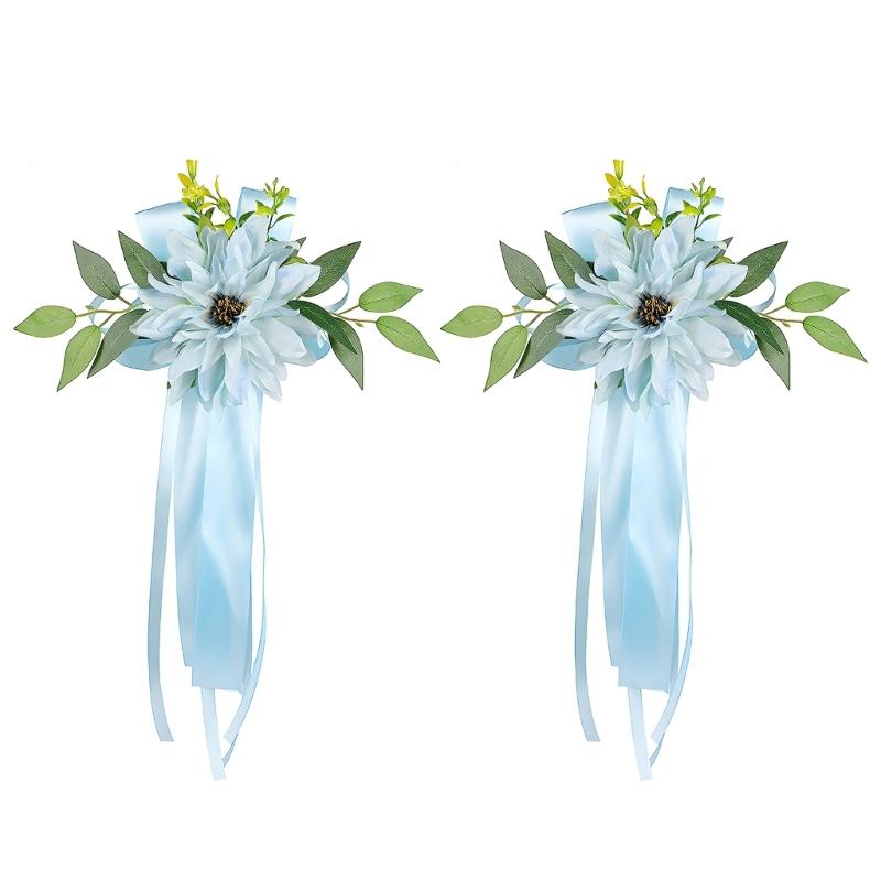 Romantics Florals Rearview Mirror Bowknot For Wedding Car Faux Flowers And Ribbon Chair Back Flower Decoration