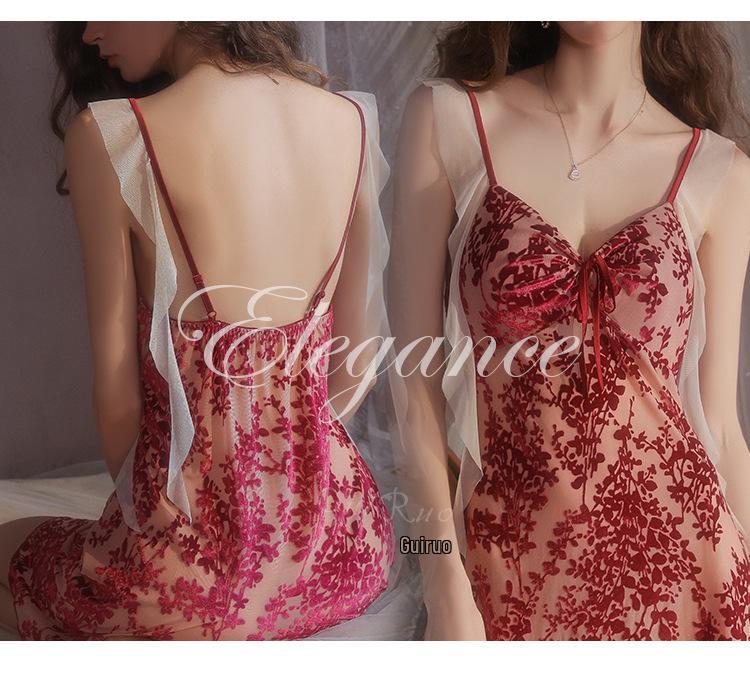 Gorgeous Jacquard Low-Cut Push-Up Backless Nightgown & Robe Set with Pads - Pure Temptation