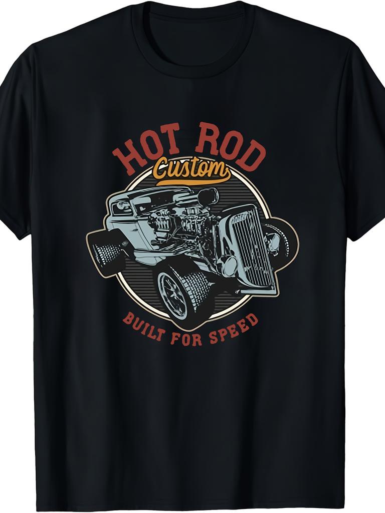 A Vintage Car-Themed T-Shirt Designed for Speed, Featuring a Retro Car Engine Print, Short Sleeves f