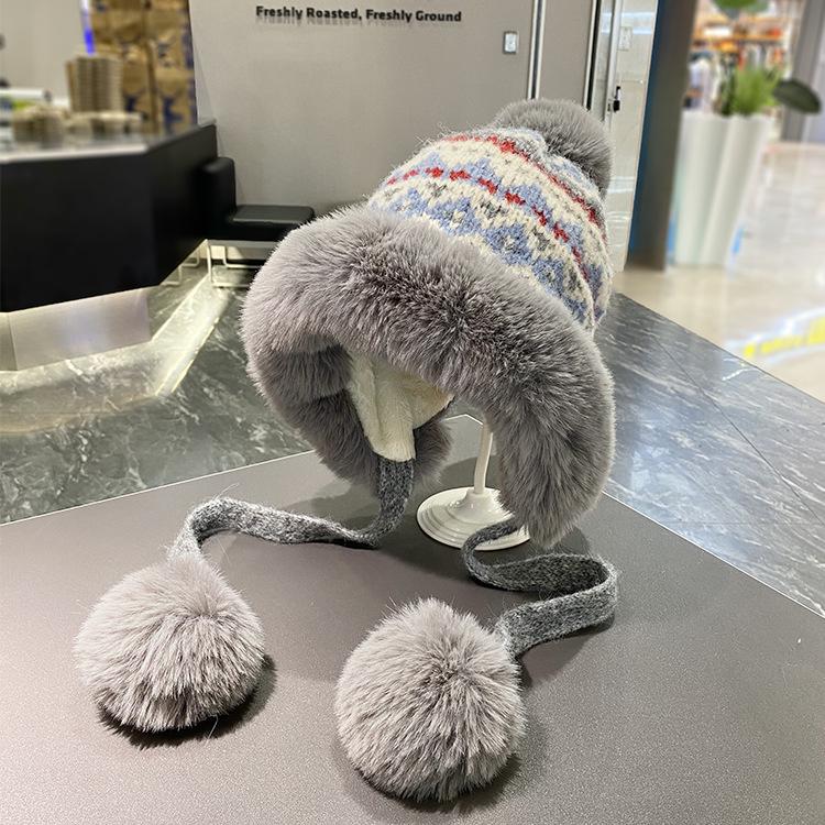 Women's Retro Ethnic Style Plush Knitted Hat – Warm, Thick, and Cold-Proof with Sweet Pompom and Ear Protection for Autumn & Winter