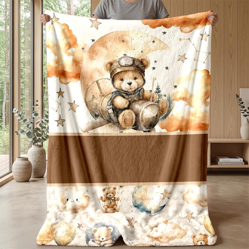 Teddy Bear Hearts Pattern Theme Blanket Lightweight Warm Flannel Blanket Decorative Throw Blanket for Home Decoration