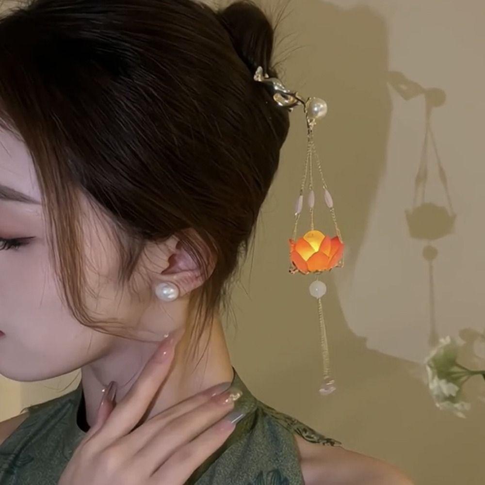 Lotus LED Light Hair Fork Tassel Luminous Lotus Hairpin Vintage Lantern Hair Stick  Girls