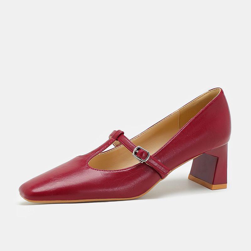 

Off-white high heels women s thick heel square head 2025 spring new professional soft leather one-word buckle skirt single shoes 39 бордовый